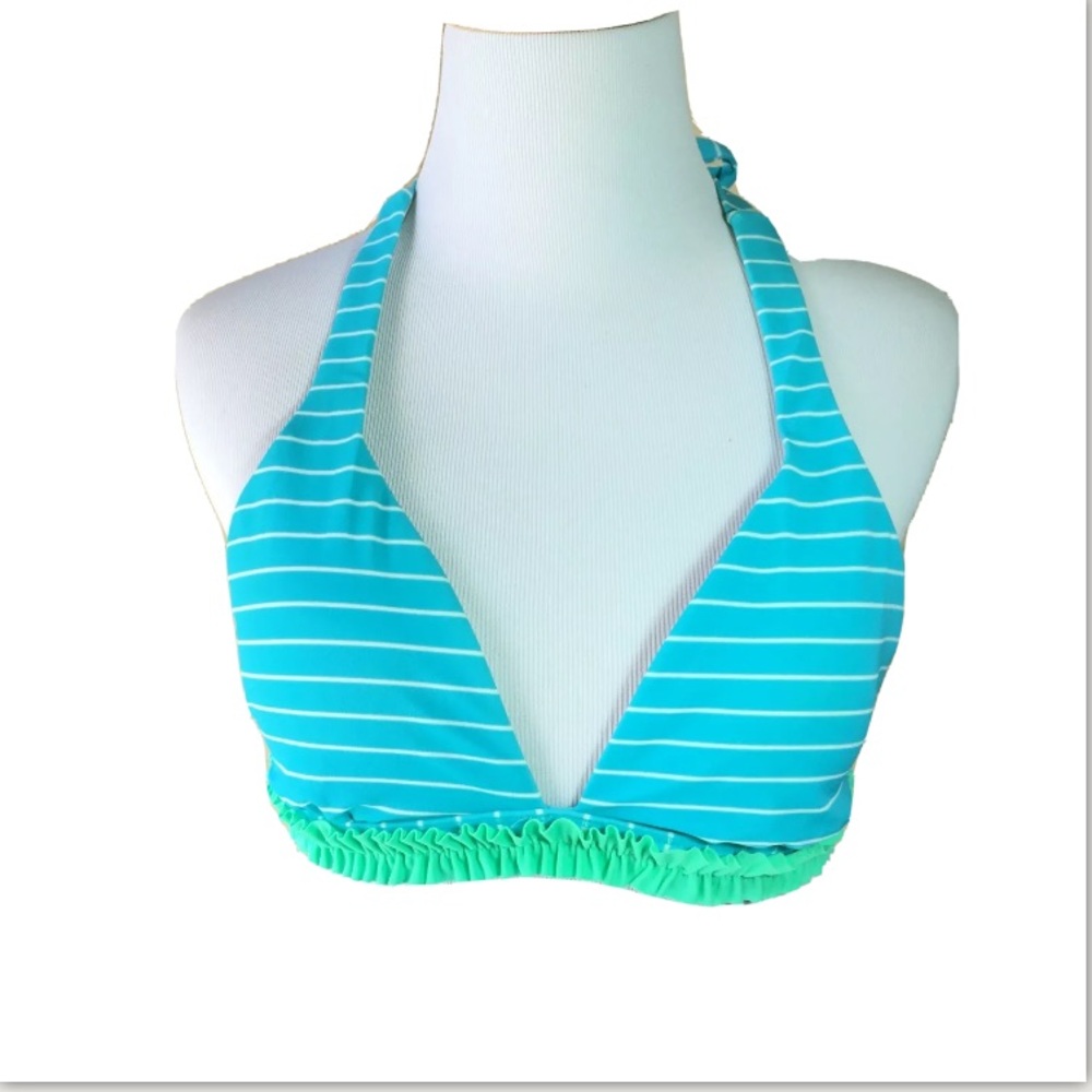 PINK Victoria’s Secret Halter bikini top blue green stripes size Small